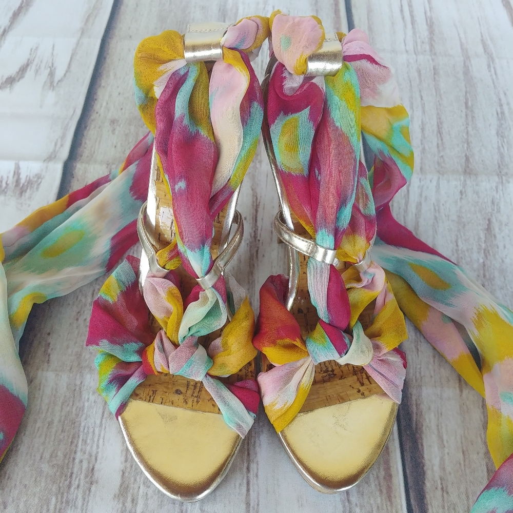 BAKERS | Multicolor Tie Dye Scarf Ribbon Cork Tonya Heels